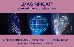 Magnificat spektakl muzyczno-laserowy; 17 października 2021 (niedziela) godz. 18.00 Kościół pw. Dobrego Pasterza w Istebnej; zdjęcia z pokazu laserowego - głowa Matki Bożej, kula ziemska z krzyżem, Jan Paweł II