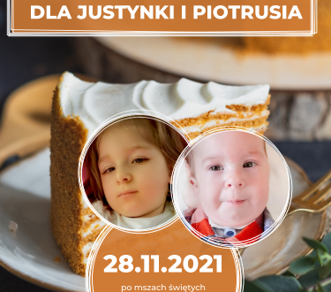 Plakat akcji ze zdjęciami dzieci; w tle kawałek ciasta