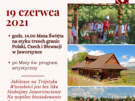 Plakat zawierający informacje o wydarzeniu, zdjęcie biskupa głoszącego homilię, drewnianego domu i zespołu regionalnego