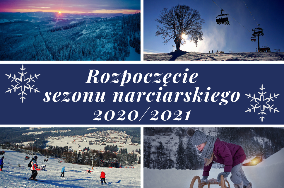 Rozpoczęcie sezonu narciarskiego 2020/2021; widok na stok, narciarze, dziewczynka z sankami, wyciąg narciarski, widok na ośnieżone góry
